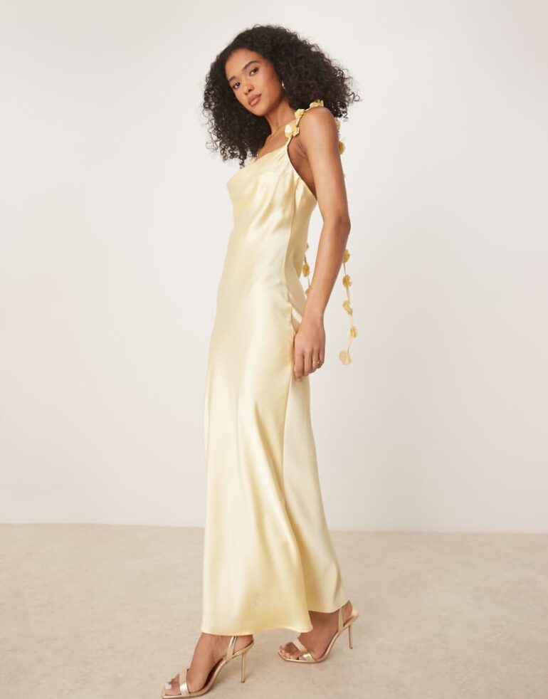 Gina Tricot satin cowl neck dress with 3D floral applique in lemon yellow
