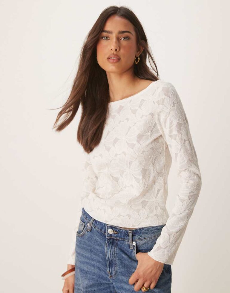Gina Tricot sheer long sleeve lace top with fluted sleeves in off white