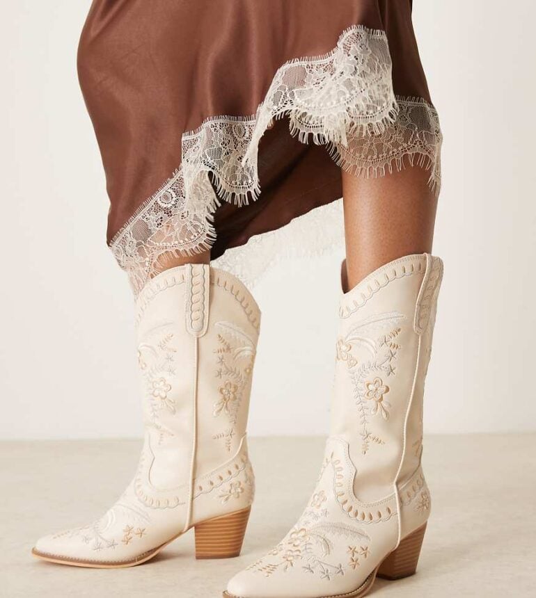 Glamorous Wide Fit embroidered western knee boots in cream-White