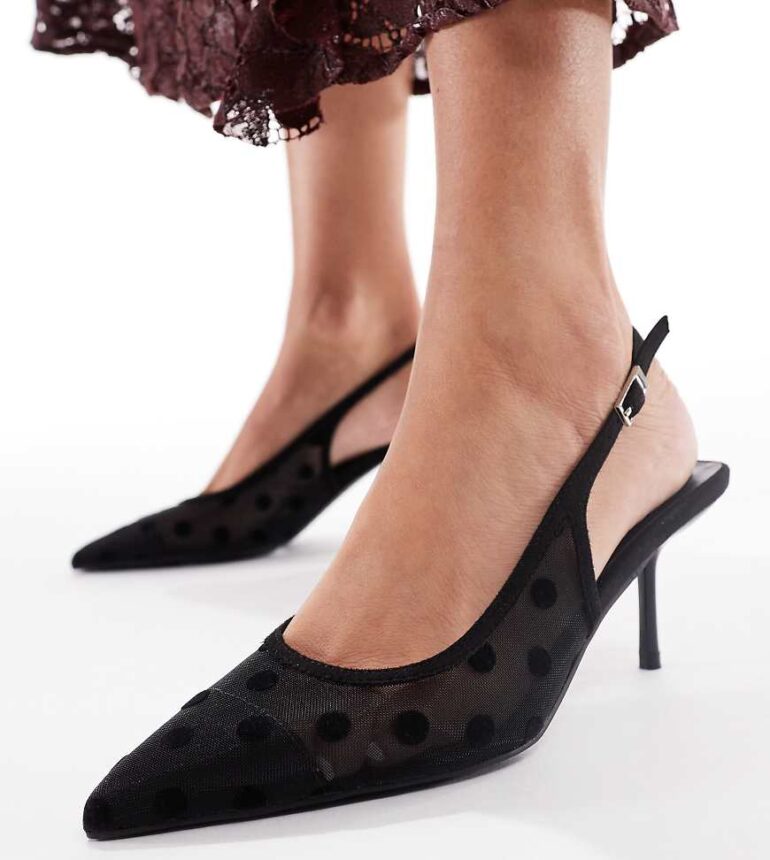 Glamorous Wide Fit slingback pumps in mesh black polkadot