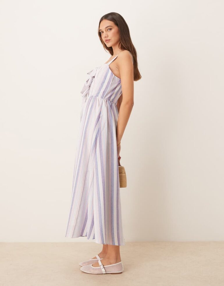 Glamorous bow front midi dress in pastel ric rac stripe-Multi