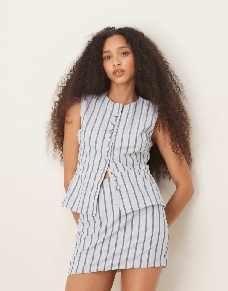 Glamorous button down vest in white charcoal stripe co-ord