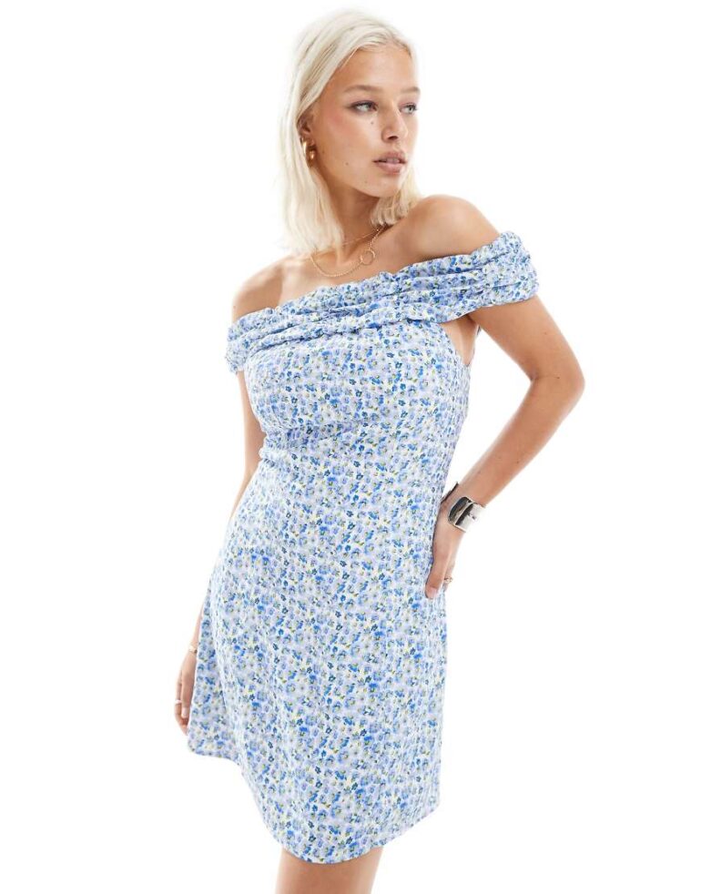Glamorous ruffle off shoulder structured mini dress in blue floral
