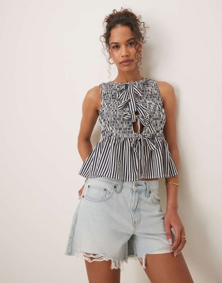 Glamorous shirred top with peplum and front bows in navy white stripe-Multi