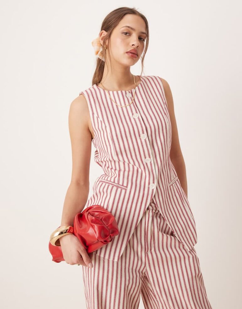 Glamorous waistcoat button down cotton top with tie in red stripe co-ord-Multi