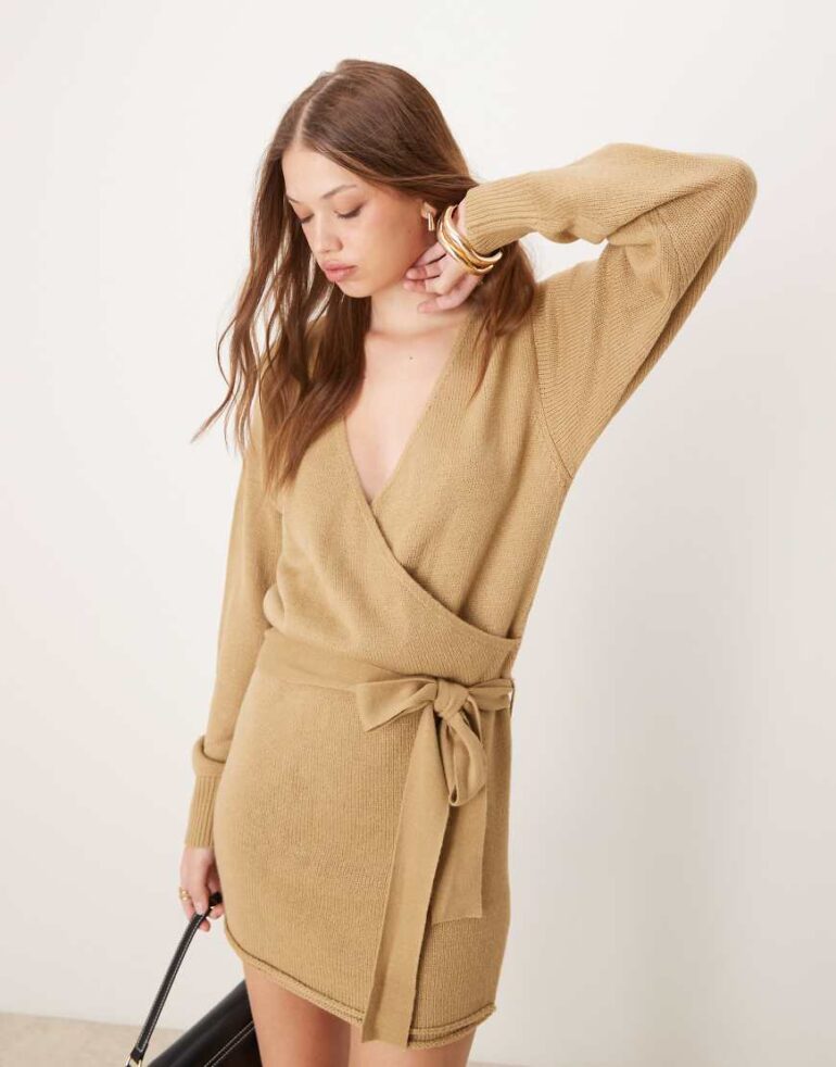 Glamorous wrap knitted mini dress in khaki-Green