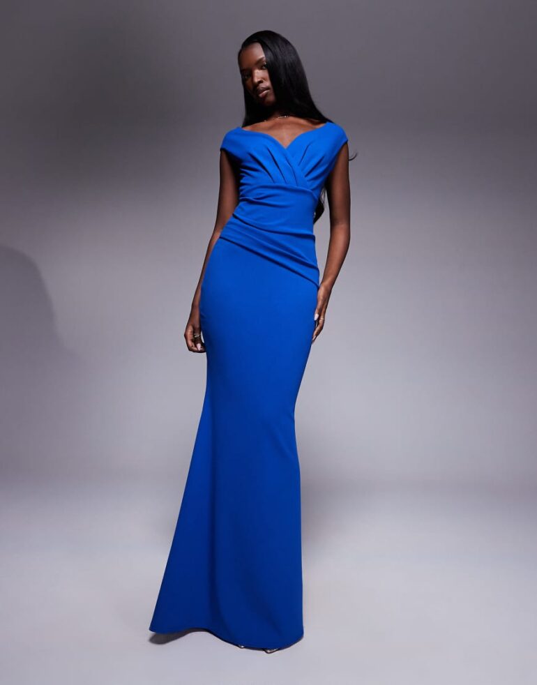 Goddiva Bardot pleated maxi dress in royalblue