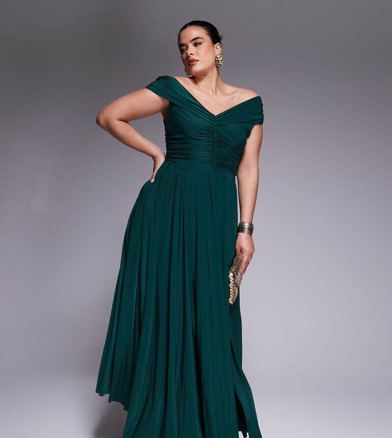 Goddiva Curve Gathered bardot bodice front split maxi dress in botanical green
