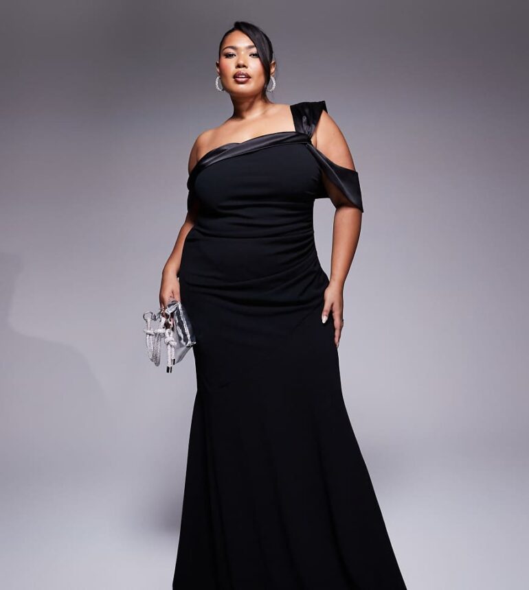 Goddiva Curve one shoulder satin band maxi dress in black