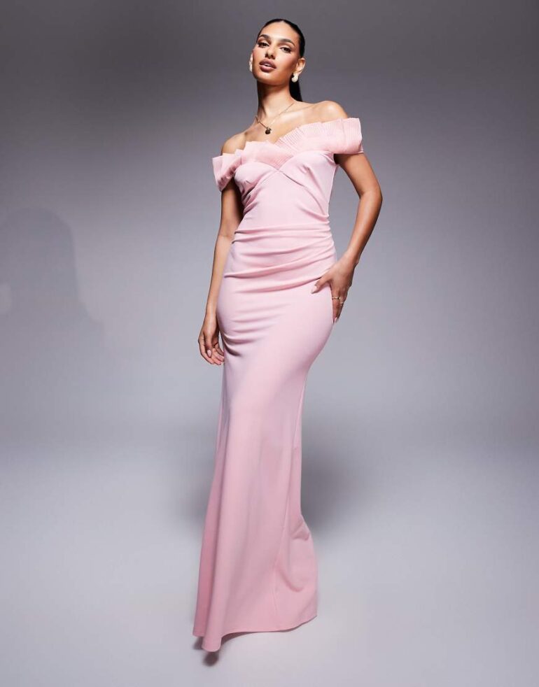 Goddiva Fan pleated bardot scuba crepe maxi dress in blushpink