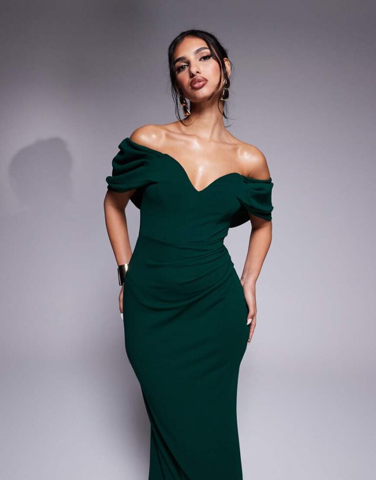 Goddiva Off the shoulder draped sleeve maxi dress in emerald-Green