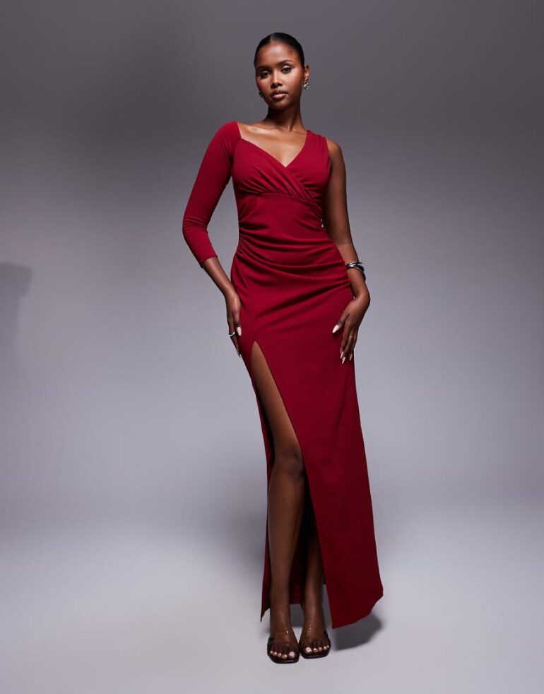 Goddiva One shoulder front split scuba maxi in wine-Red