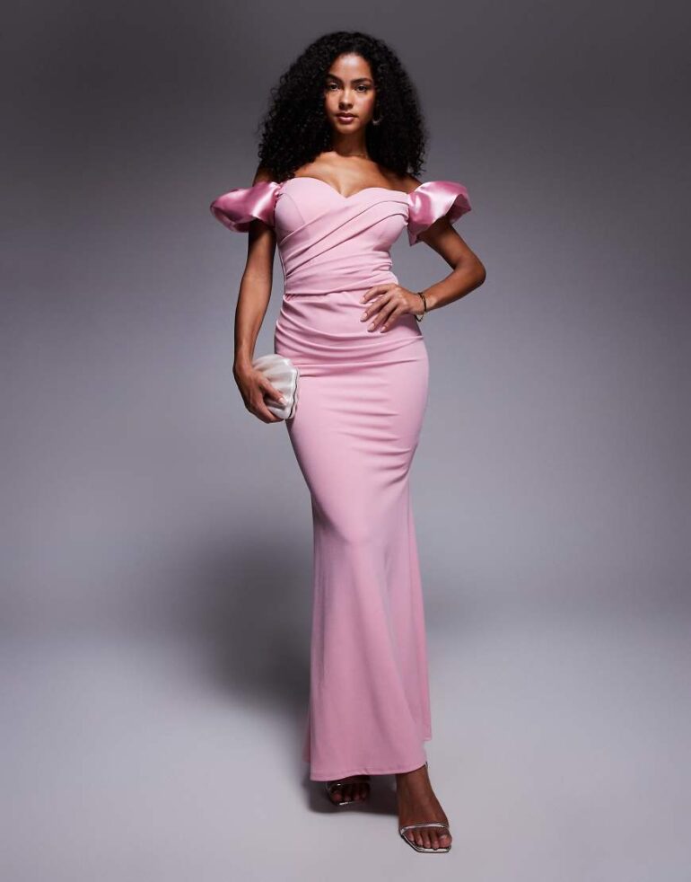 Goddiva Puffy satin sleeve scuba maxi dress in blush-Pink