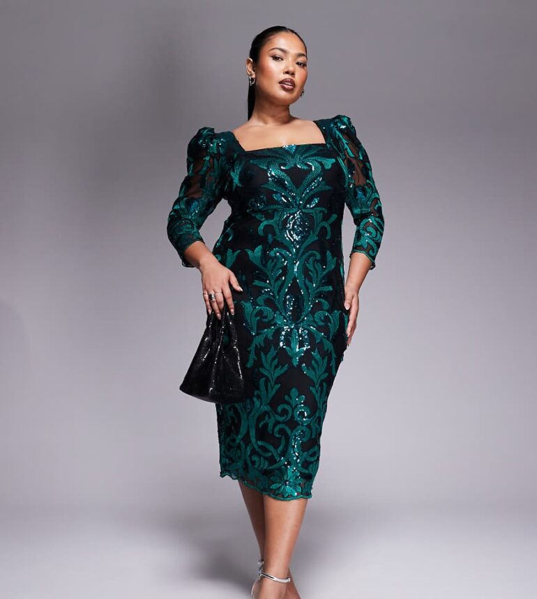 Goddiva Square neck scalloped lace midi dress in emerald-Green
