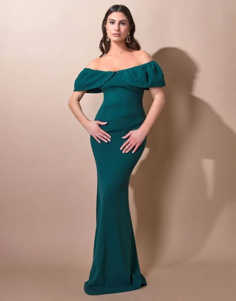 Goddiva scuba crepe pleated bardot maxi in emerald green