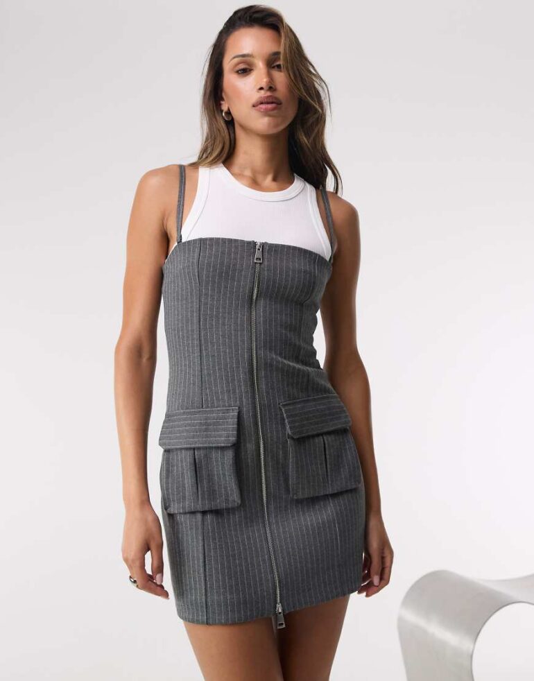 Good American soft stretch ponte mini dress in suiting pinstripe-Grey