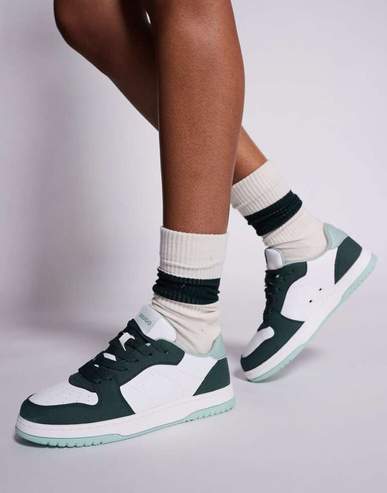 HUGO Red Hadrian contrast panel court trainer in green and white