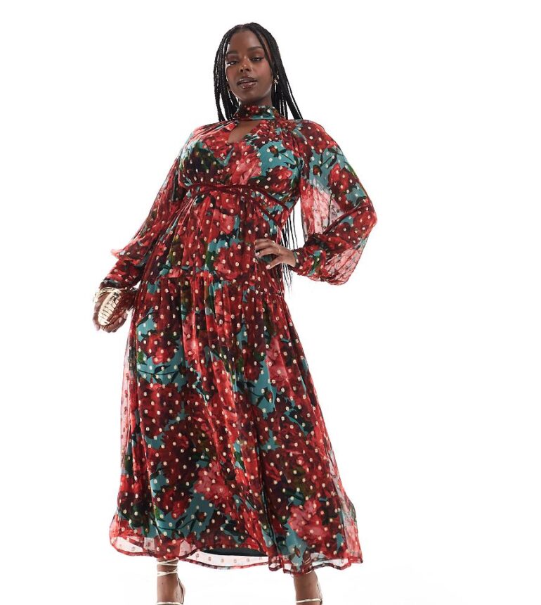 Hope & Ivy Plus midaxi dress in metallic dobby mesh in red floral