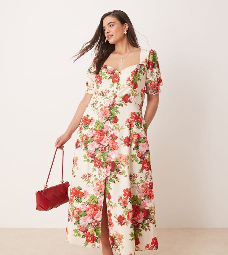 Hope & Ivy Plus square neck open back midi dress in white red floral