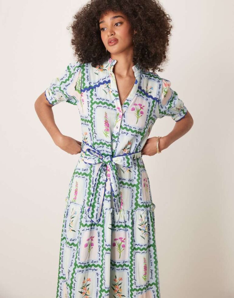 Hope & Ivy button front midi dress with tiered skirt and tie waist in multi-Blue
