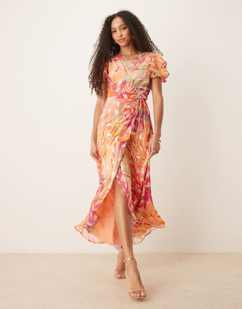 Hope & Ivy frill sleeve maxi wrap dress in coral with gold fleck-Pink