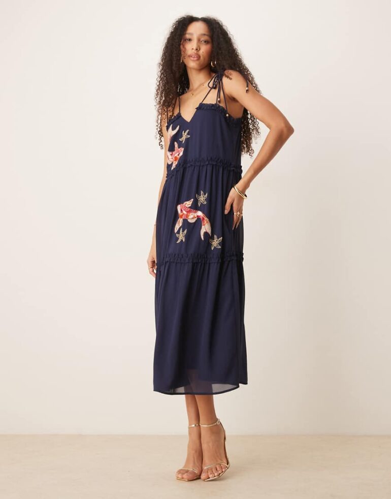 Hope & Ivy koi embellished tiered midi dress with tie straps in navy