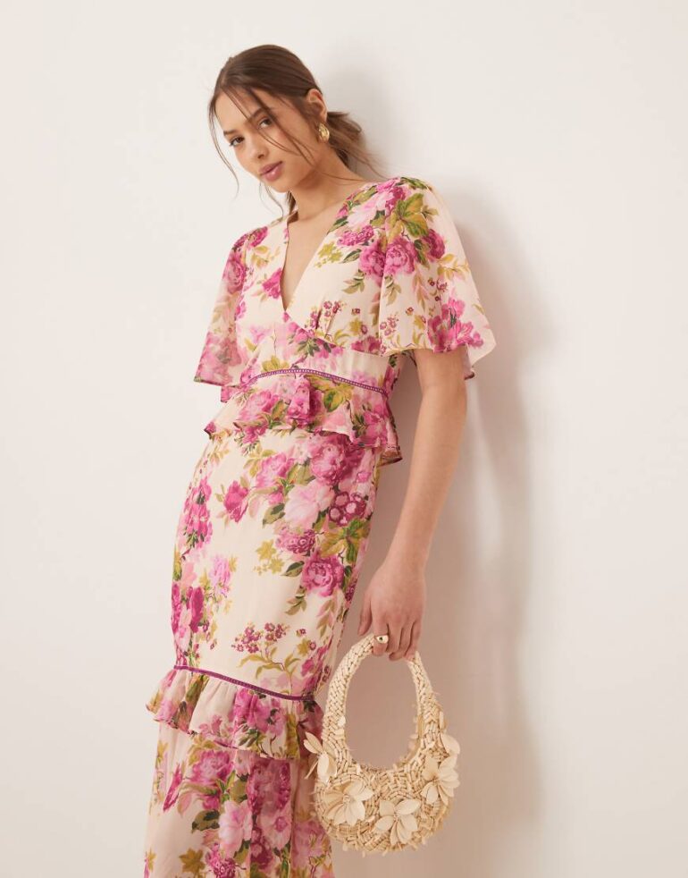 Hope & Ivy midi tea dress with peplum waist in pink print