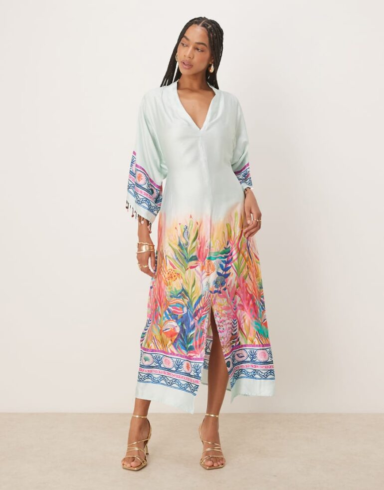 Hope & Ivy tie waist kimono wrap midi dress in blue scenic print