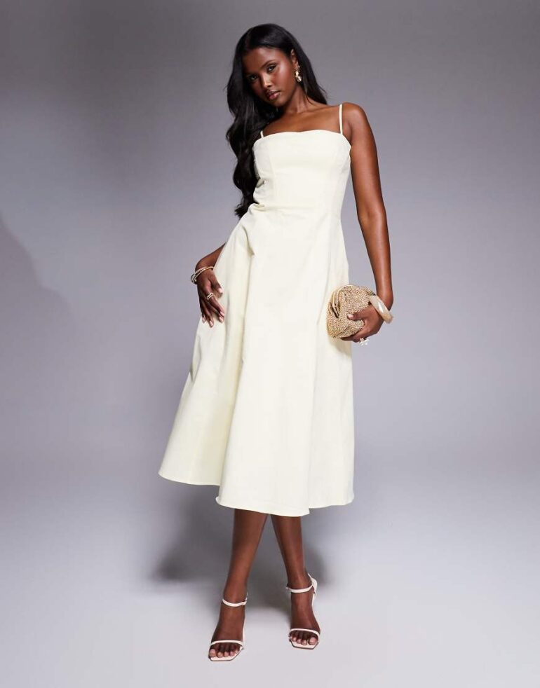 House of CB Dolly stretch cotton a-line midi sundress in lemon-Yellow