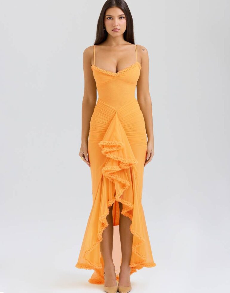 House of CB Gabbi ruffled front gown in apricot-Orange
