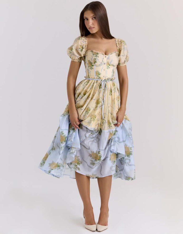 House of CB Penelope midi dress in lemon vintage rose-Yellow