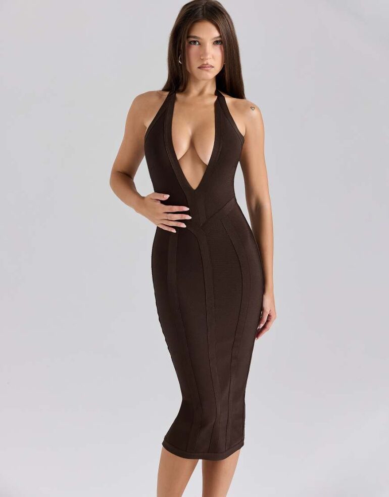 House of CB the birthday midi bandage dress in chocolat-Brown