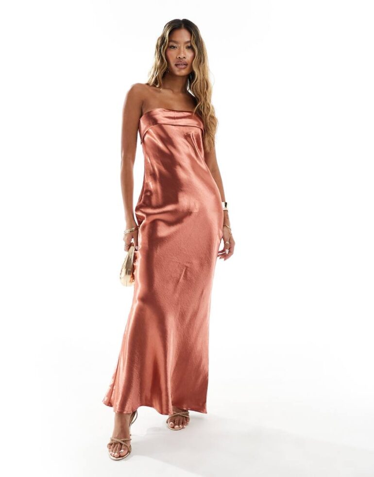 In The Style exclusive liquid satin bandeau cut out back maxi dress in rust-Orange