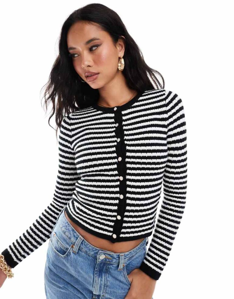 In The Style fitted button through cardigan in mono stripe-Multi