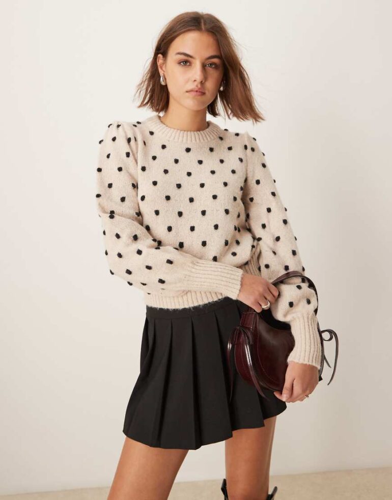 JDY puffy sleeves textured jumper in stone-Grey