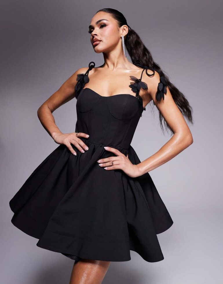 Jarlo structured a-line mini dress with 3d strap detail in black