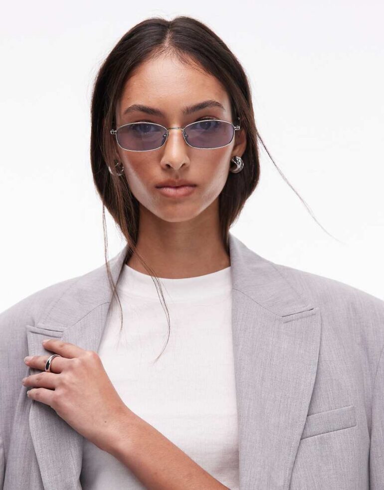 Jimmy Fairly The Vicky rectangular metal sunglasses in silver with blue lens