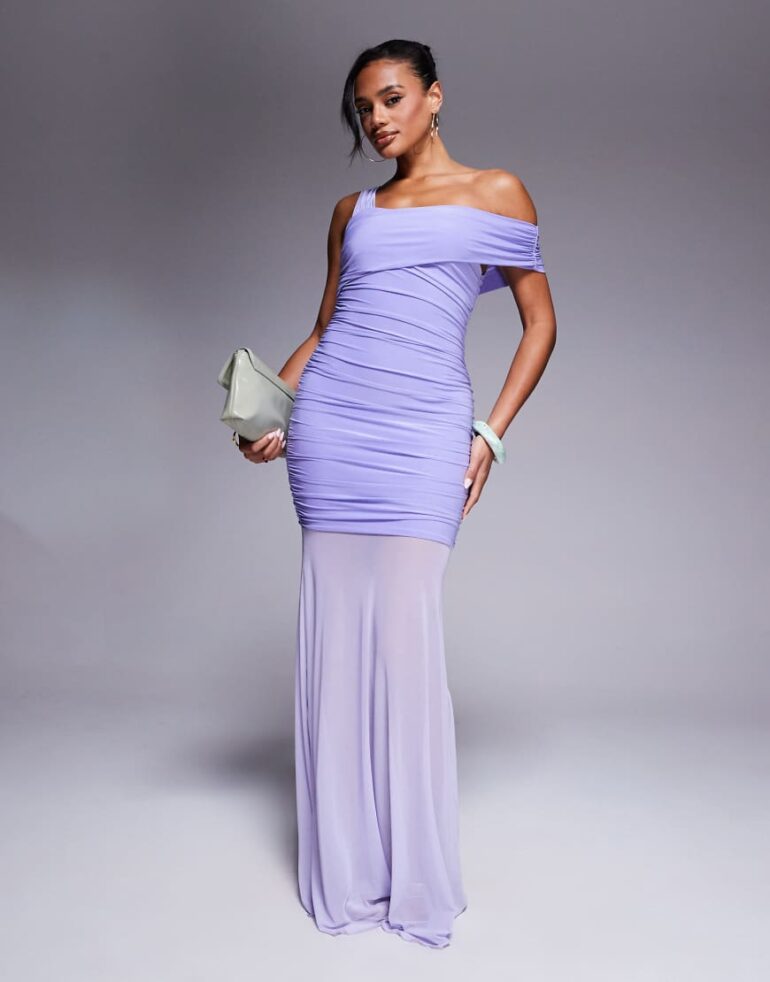 Kaiia exclusive double layered slinky asymmetric one shoulder sheer hem maxi dress in lilac-Purple
