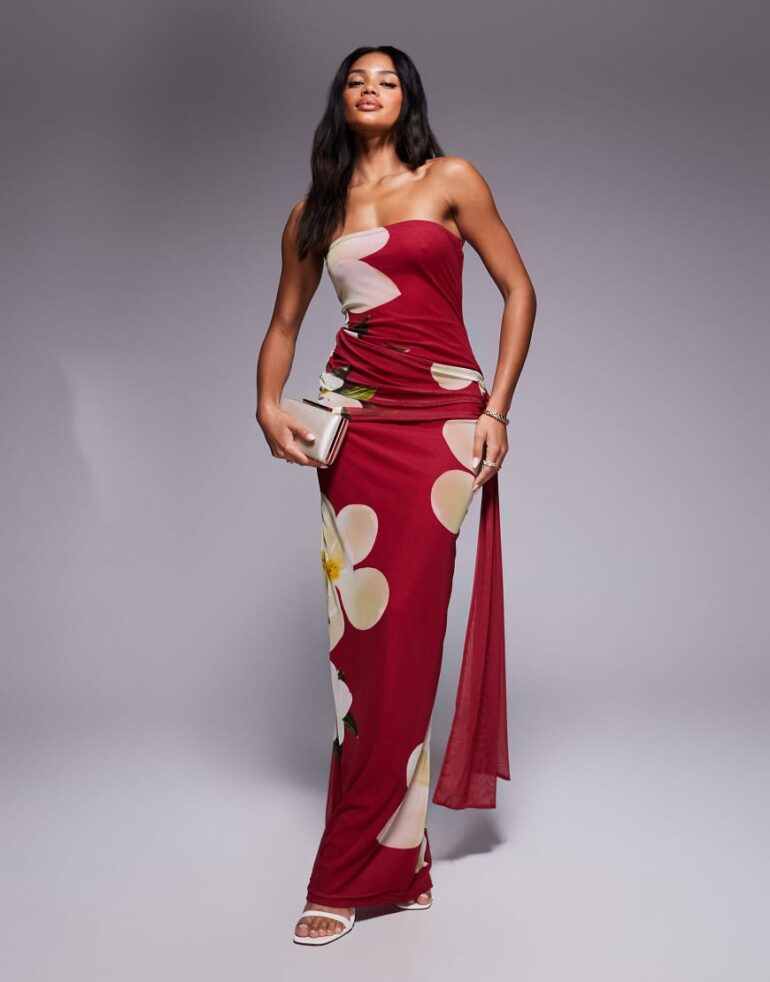 Kaiia exclusive double layered slinky bandeau drape tie side maxi dress in red floral