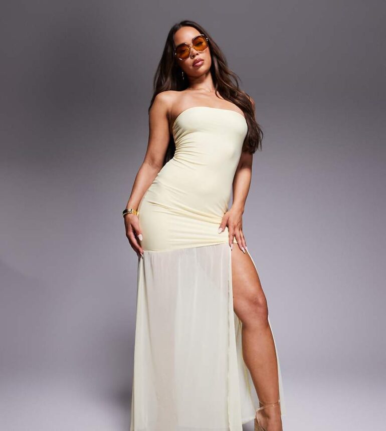 Kaiia exclusive double layered slinky bandeau drop waist split front sheer hem maxi dress in butter yellow