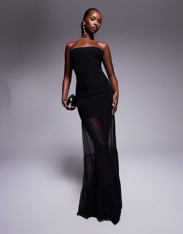 Kaiia exclusive double layered slinky bandeau mesh hem maxi dress in black