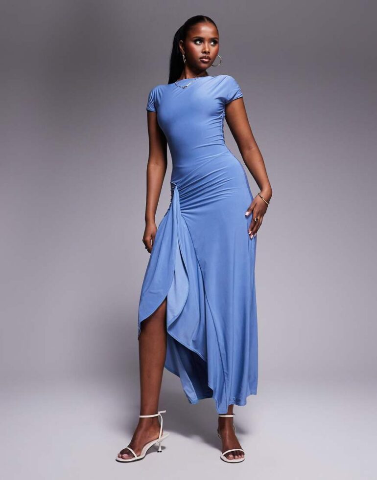 Kaiia exclusive double layered slinky cap sleeve side split drape detail maxi dress in sky blue