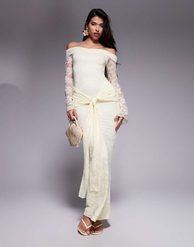 Kaiia exclusive double layered slinky lace bardot flare sleeve tie waist drape detail maxi dress in lemon-Yellow