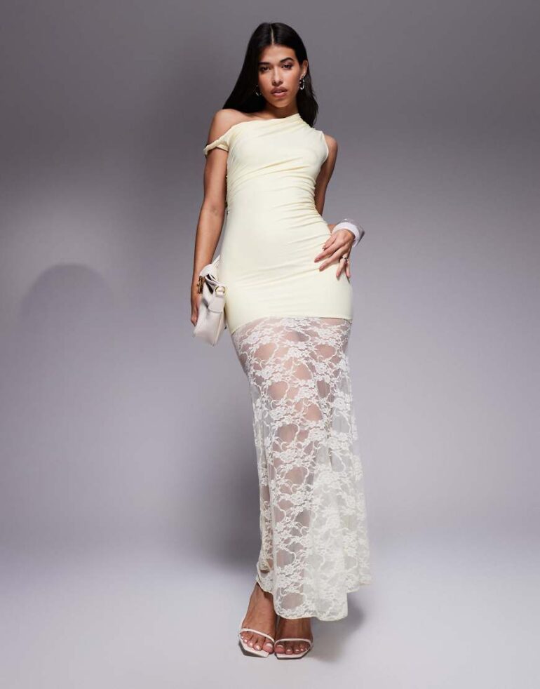 Kaiia exclusive double layered slinky twist off shoulder asymmetric sheer lace skirt maxi dress in lemon-Yellow