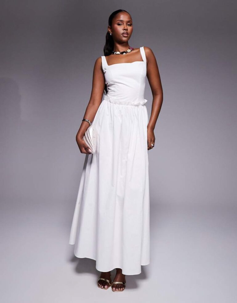 Kaiia exclusive poplin square neck ruffle waist maxi dress in white