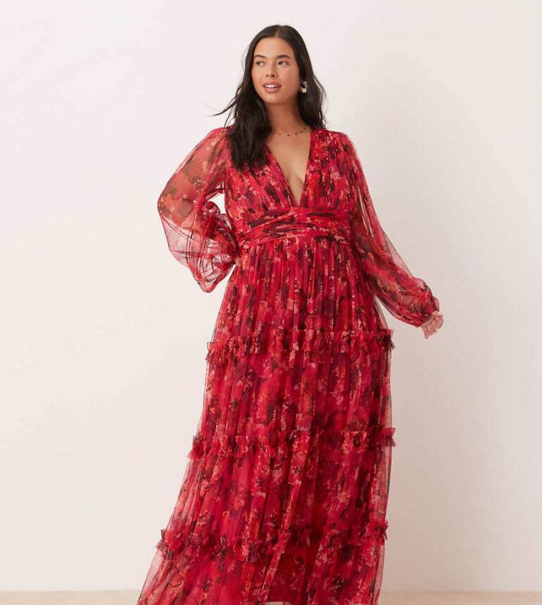 Lace & Beads Plus boho ruffle maxi dress in pink and red rose
