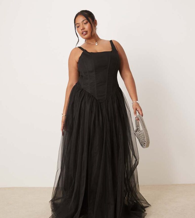 Lace & Beads Plus corset drop hem tulle maxi dress in black