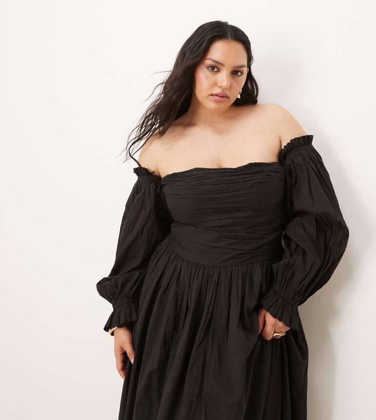 Lace & Beads Plus off shoulder cotton maxi dress in black