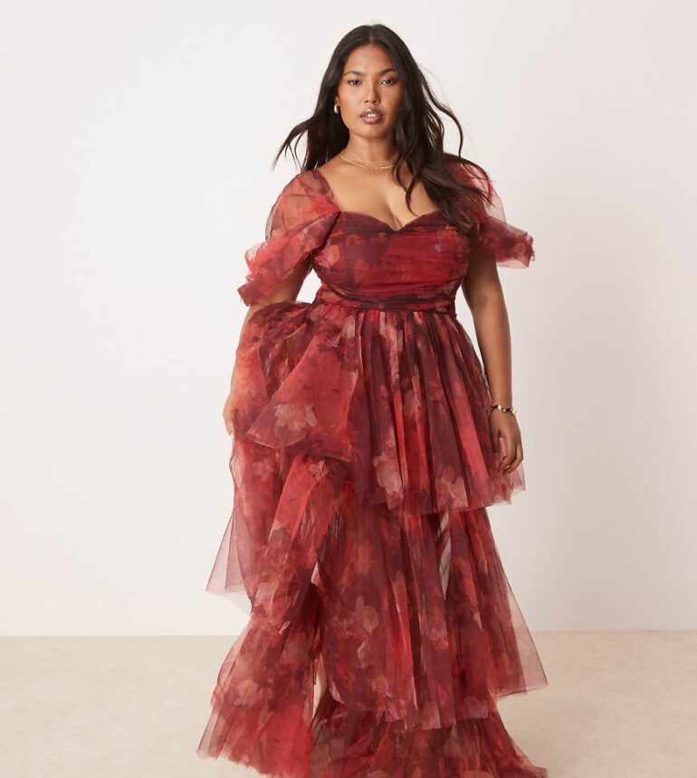Lace & Beads Plus off shoulder tulle maxi dress in fuchsia floral-Pink