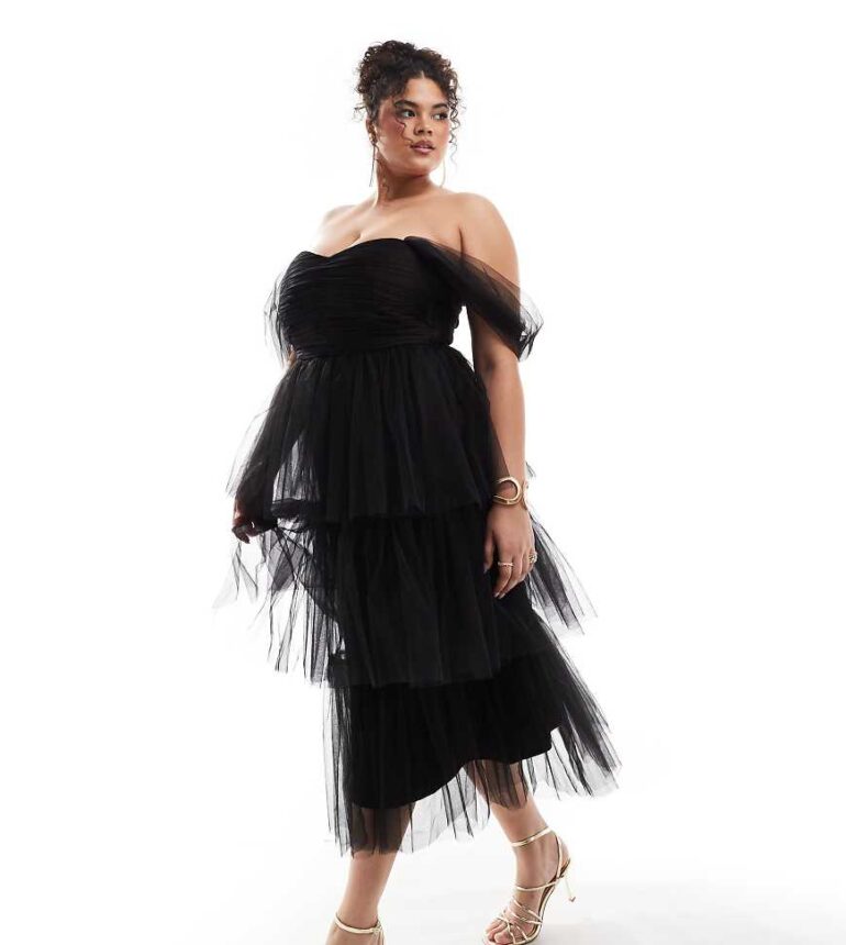 Lace & Beads Plus ruched tulle tiered midi dress in black